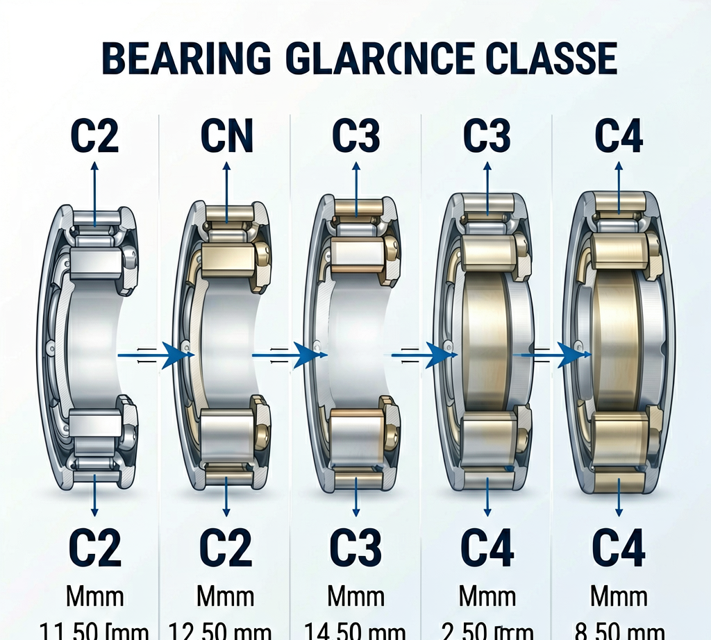 Bearing clearance classes comparison: C2, CN, C3, C4 with micrometer ranges