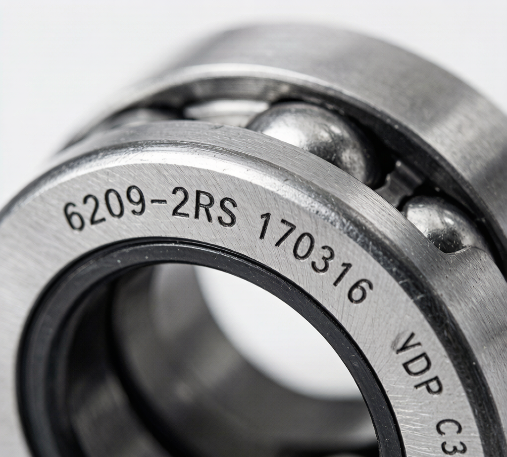 Bearing part number laser etching close-up showing manufacturer designation code on steel ring