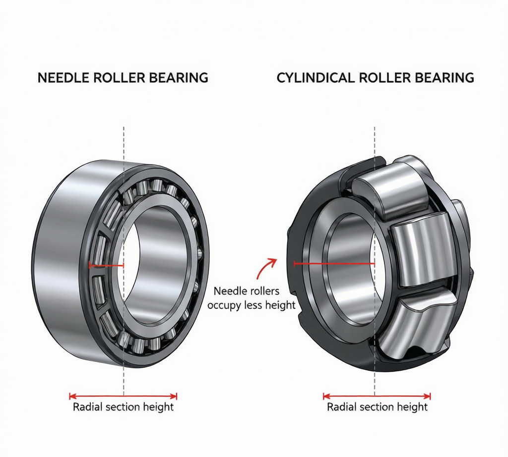Needle roller vs cylindrical roller bearing radial section height comparison