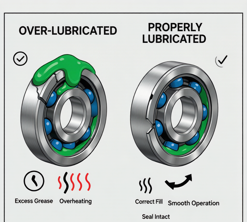 Over-lubrication vs proper lubrication comparison diagram for bearings