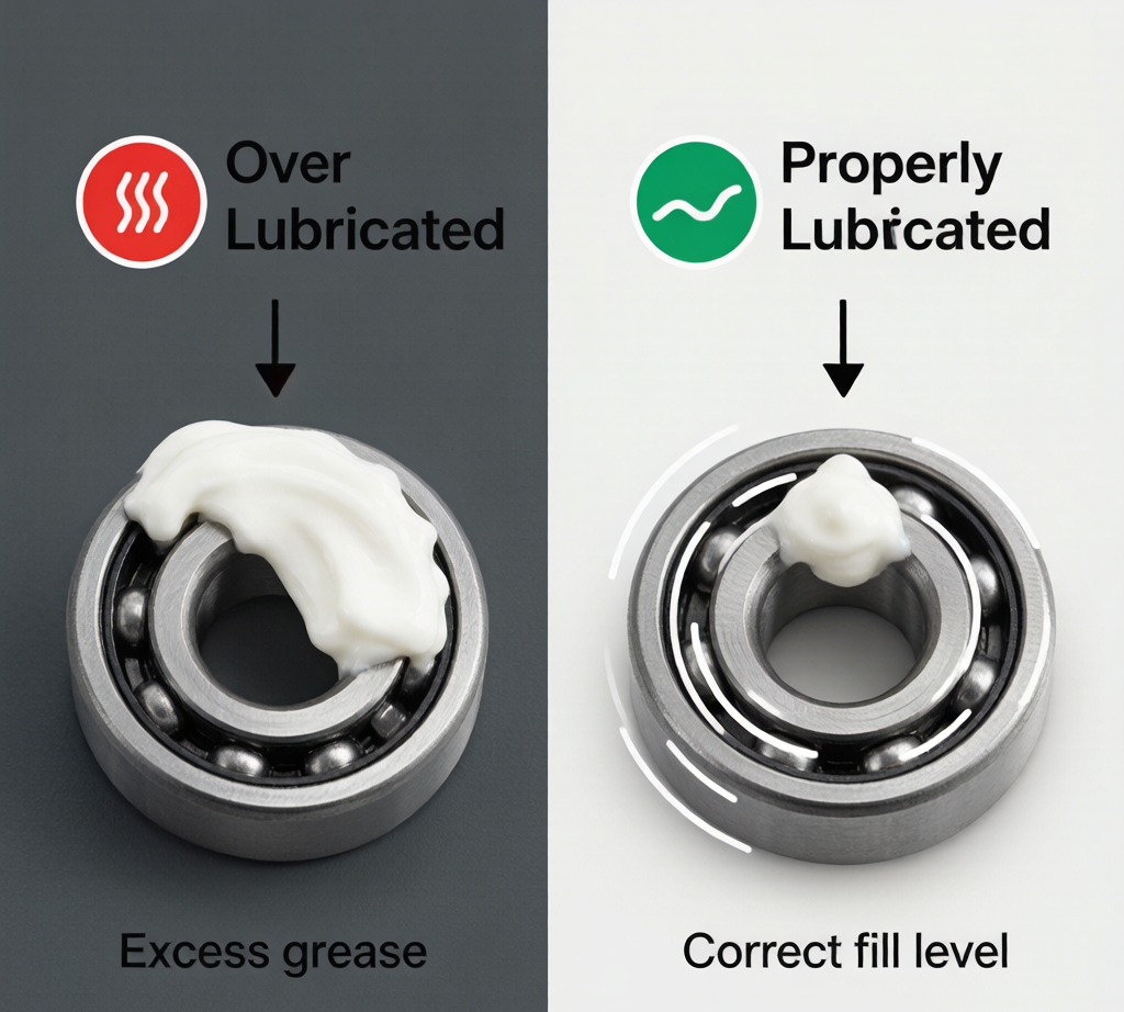 Over-lubrication vs proper lubrication comparison diagram for bearings