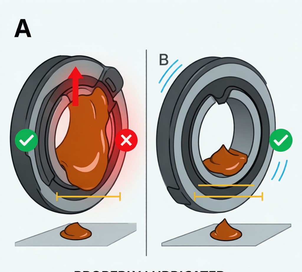 Over-lubrication vs proper lubrication comparison diagram for bearings