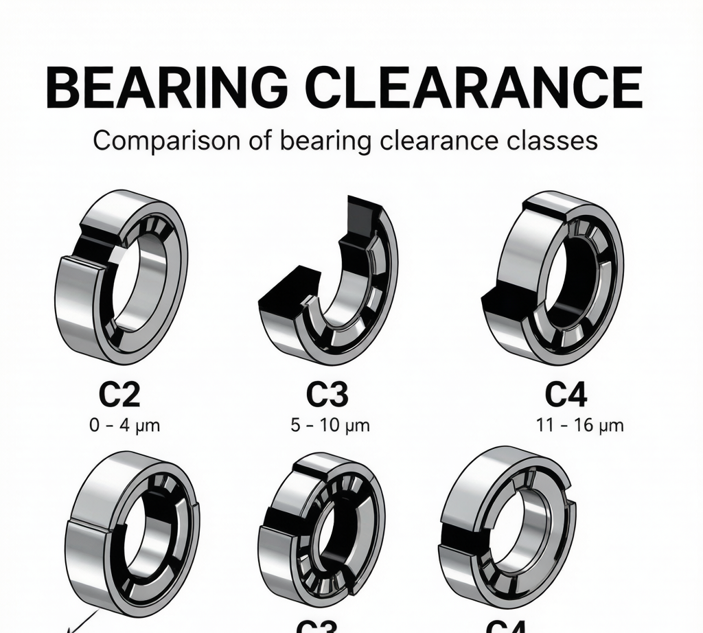 Bearing clearance classes comparison: C2, CN, C3, C4 with micrometer ranges