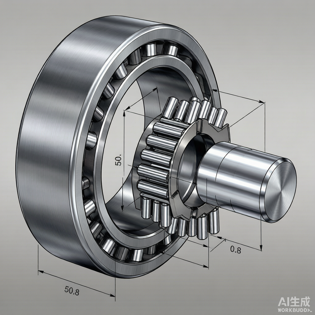 Needle roller bearing exploded view: outer ring, cage, needle rollers, shaft with dimensions