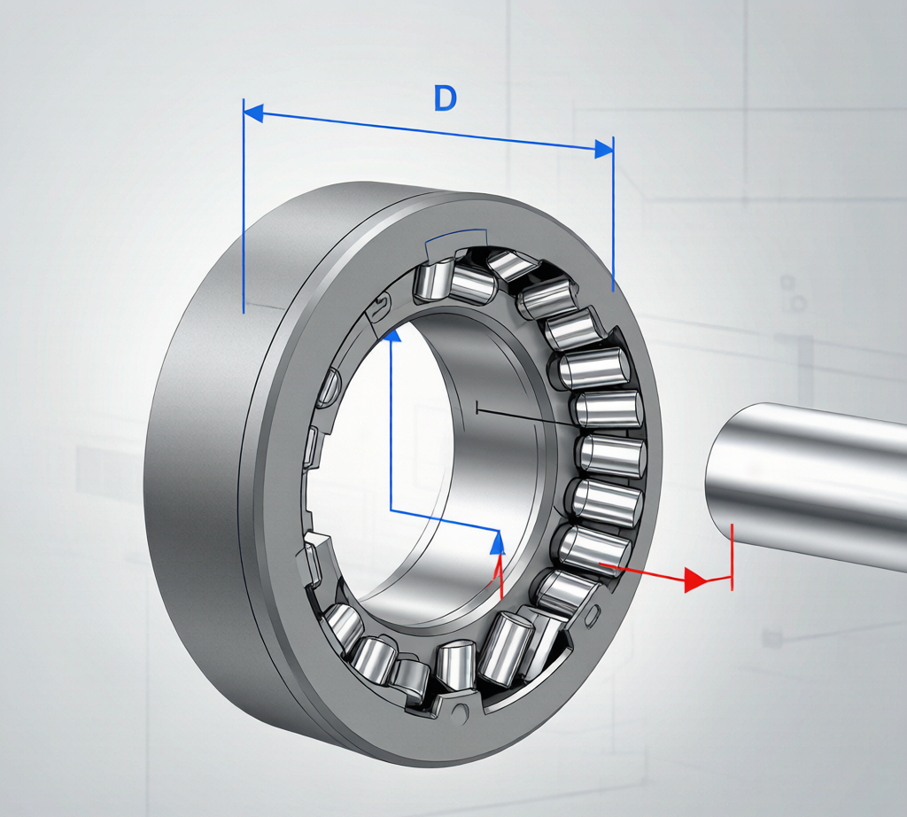 Needle roller bearing exploded view: outer ring, cage, needle rollers, shaft with dimensions