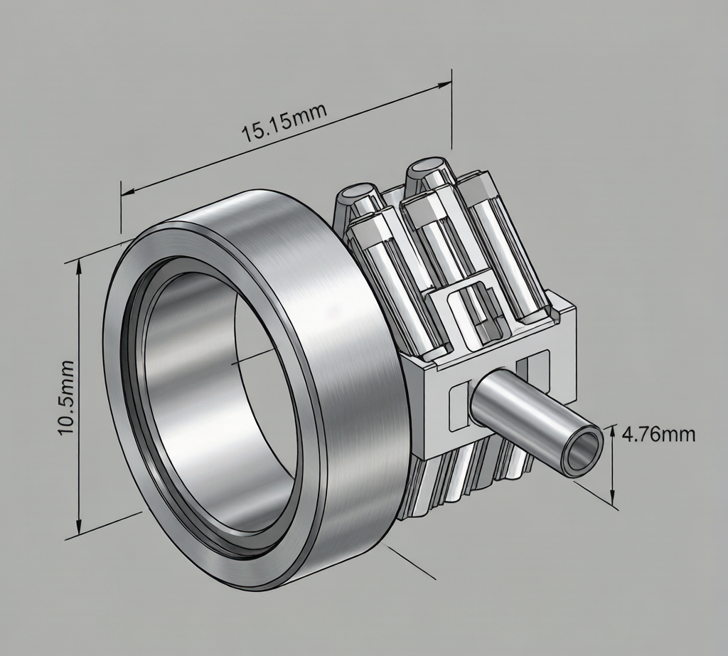 Needle roller bearing exploded view: outer ring, cage, needle rollers, shaft with dimensions
