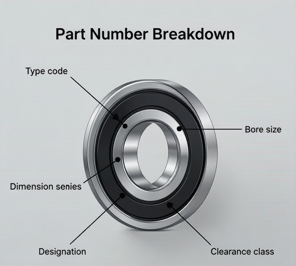 Bearing part number decoding infographic: type, dimensions, seal, clearance breakdown