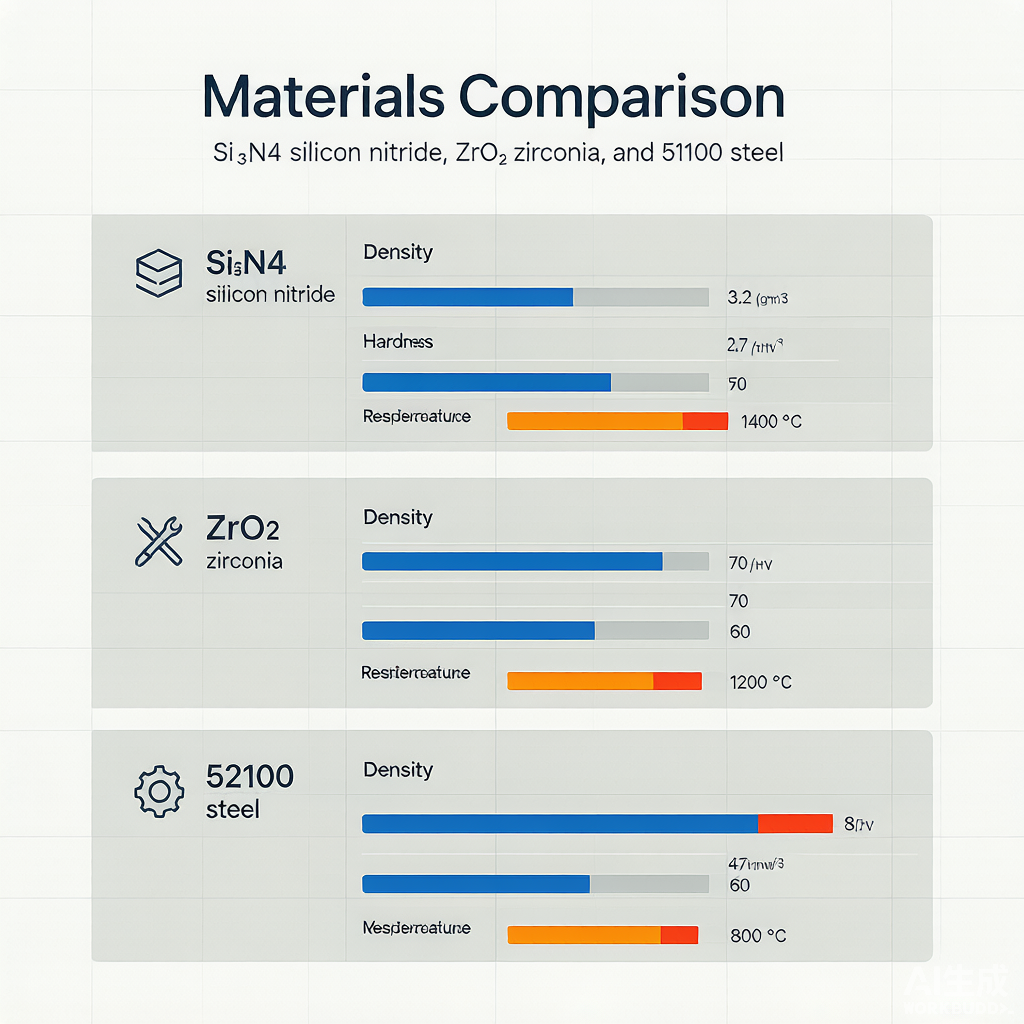 Ceramic bearing material comparison: Si3N4 vs ZrO2 vs 52100 steel properties