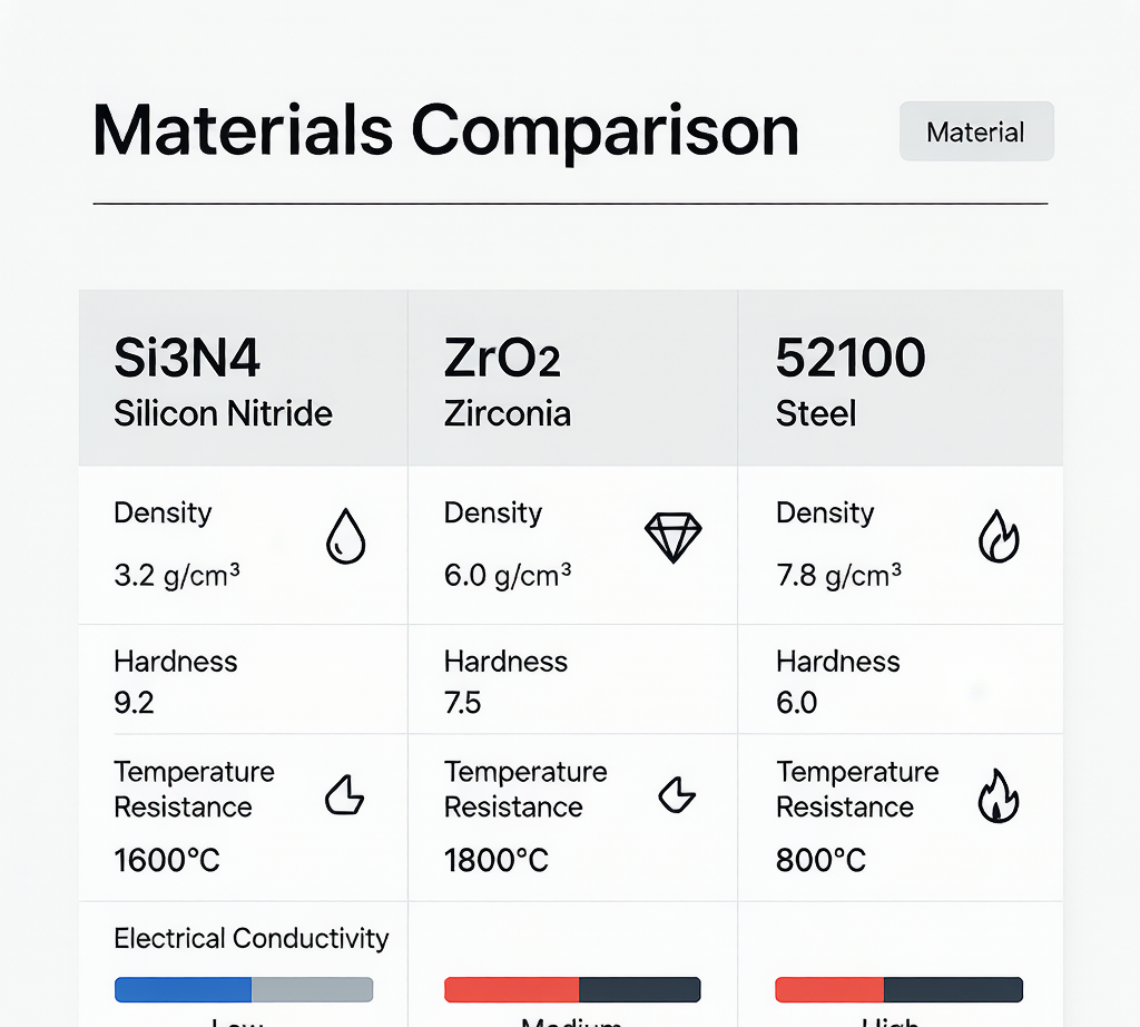 Ceramic bearing material comparison: Si3N4 vs ZrO2 vs 52100 steel properties