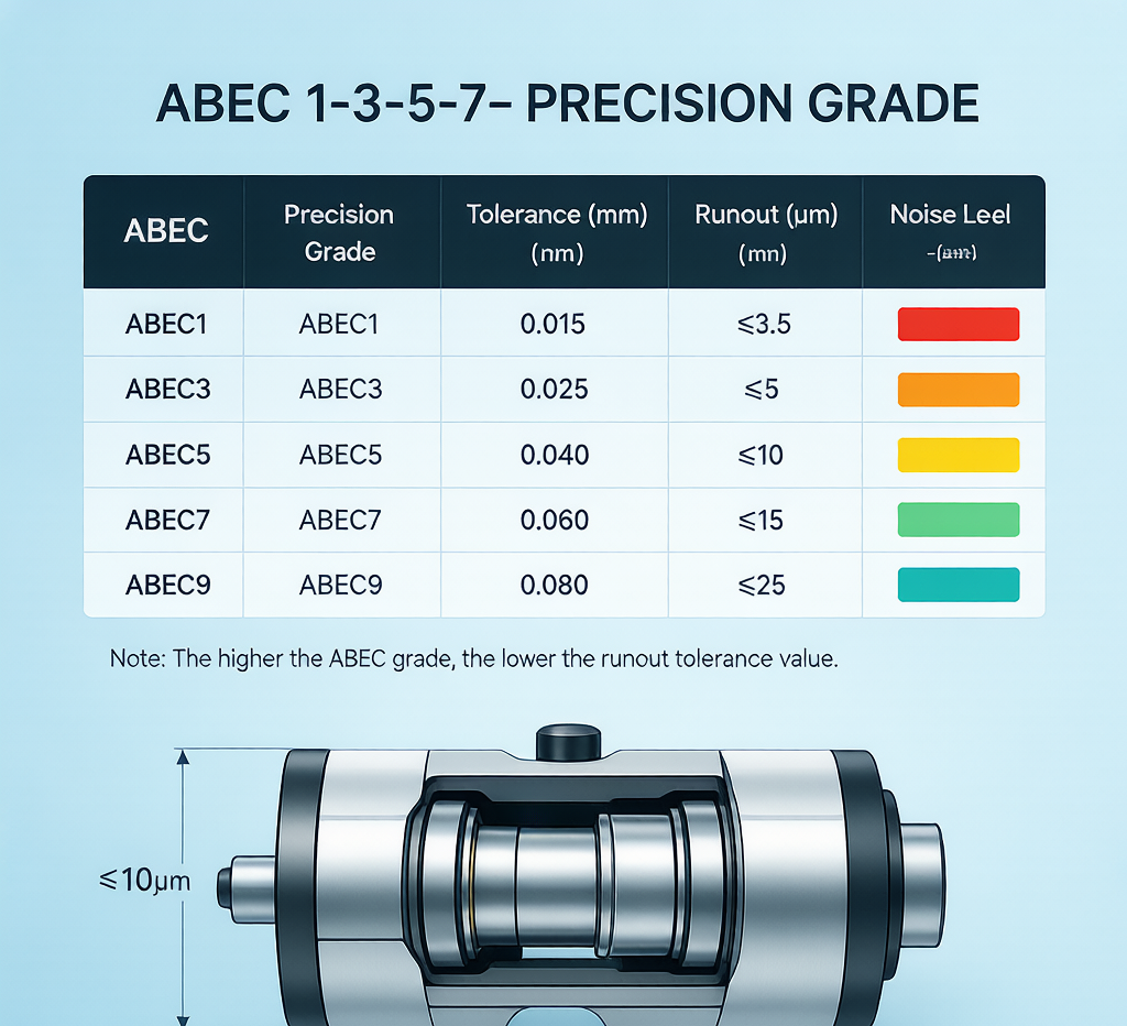 ABEC precision grades comparison tolerances runout noise levels