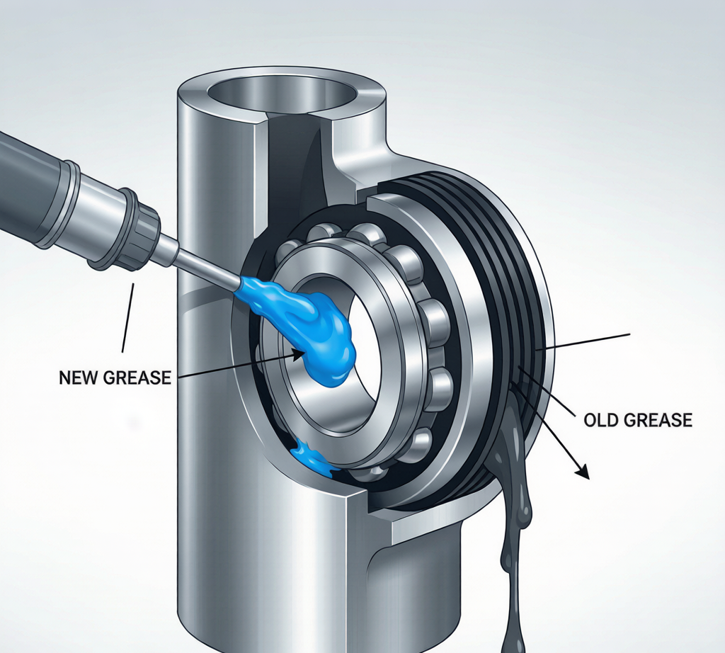 Bearing relubrication process: fresh grease entering, old grease purging through seals