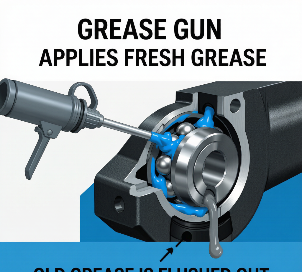 Bearing relubrication process: fresh grease entering, old grease purging through seals