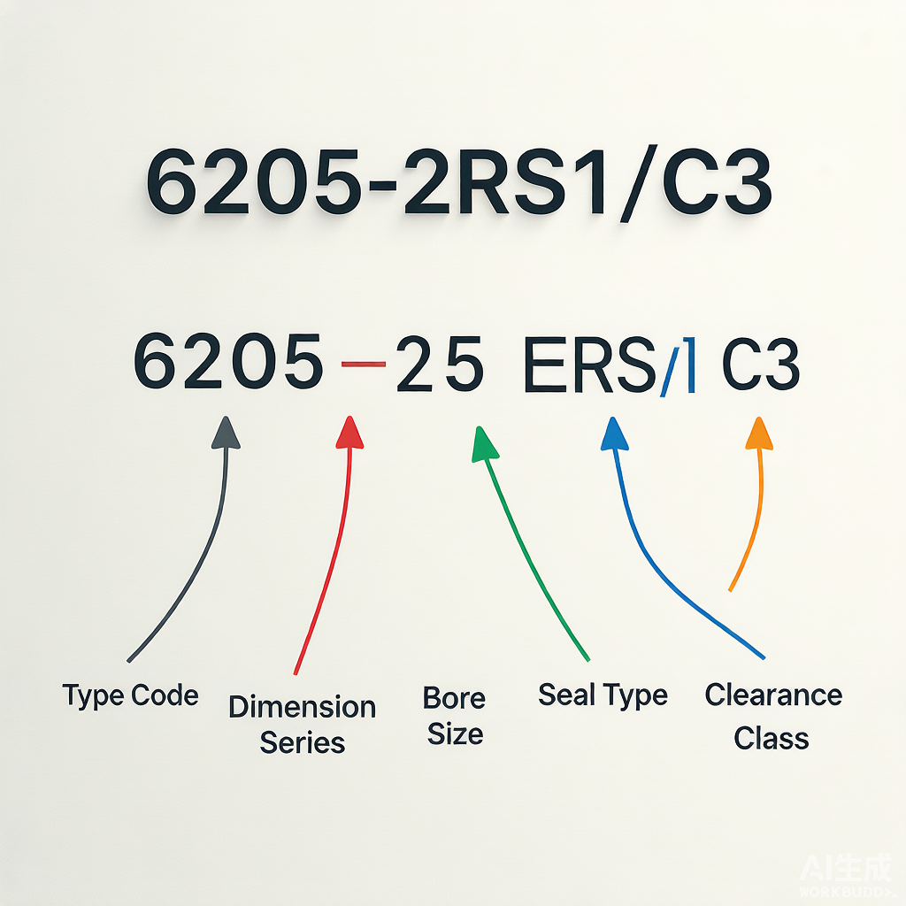Bearing part number decoding infographic: type, dimensions, seal, clearance breakdown