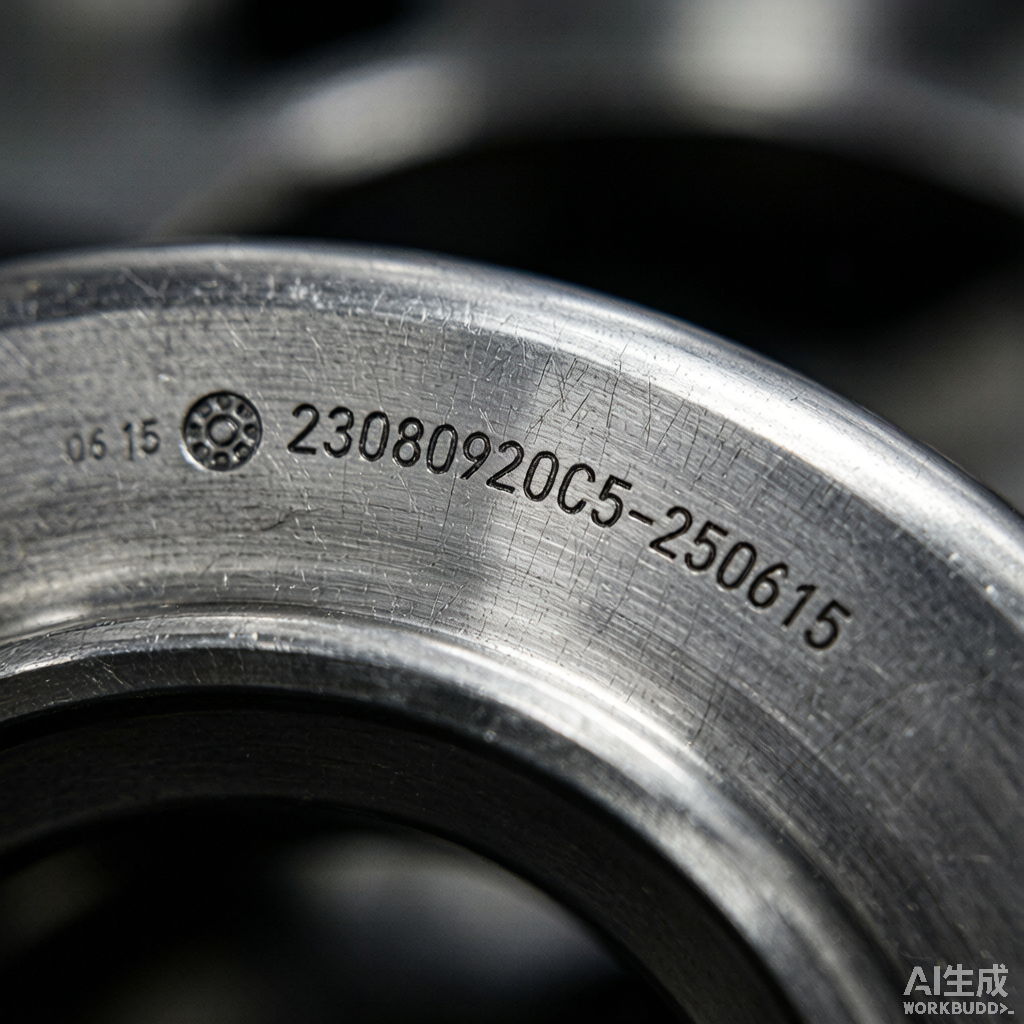 Bearing part number laser etching close-up showing manufacturer designation code on steel ring